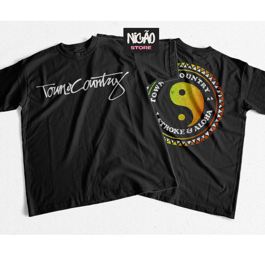 Camiseta Estampada Town Country Na frente Yin Yang Stoke & Aloha Colorido Nas Costas 100% Algodão 30.1 Alta Qualidade