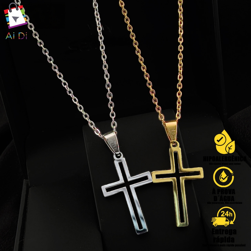 Corrente Cruz de Aço Inoxidável Vazado Gold com Pingente Símbolo Cristão Unissex em Oferta na Shopee