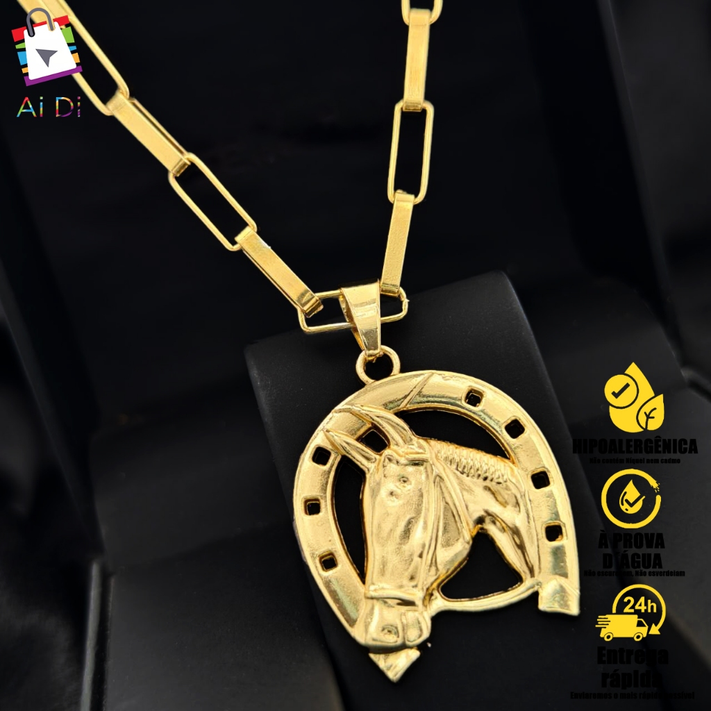 Colar com Corrente Masclino 5MM e Pingente Ferradura  Banhado a Ouro 18K, Não Escurece