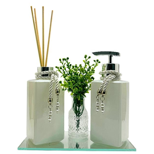 Kit Lavabo Luxo Jasmim Square Com Válvula Saboneteira Difusor Bandeja Vasinho Varetas