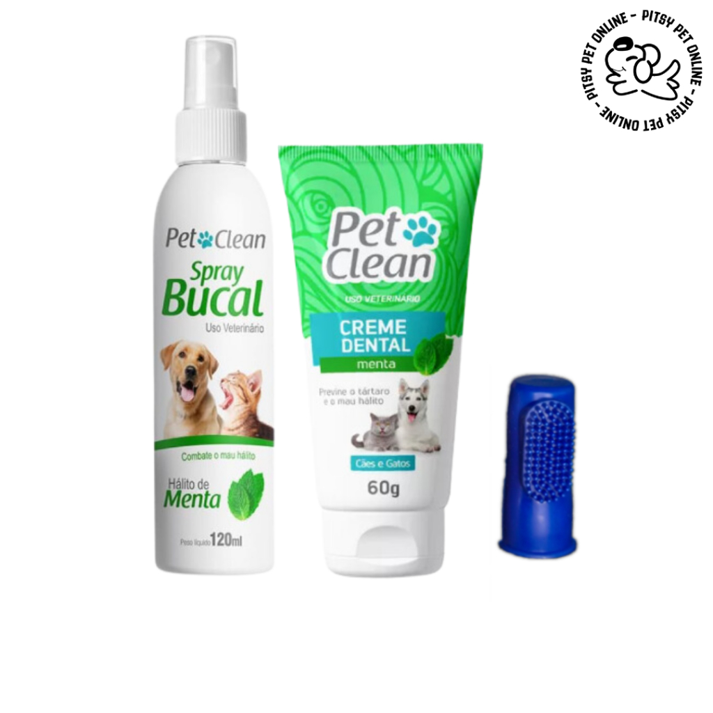 Kit Higiene Bucal - Creme Dental para cachorro + Spray Bucal para Cachorro + dedeira Pet clean