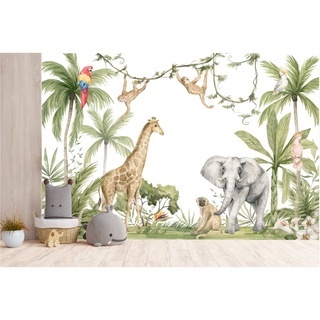 Papel de Parede Coleção Safari Aquarela Girafa & Elefante 2,64m altura por 4,32 largura