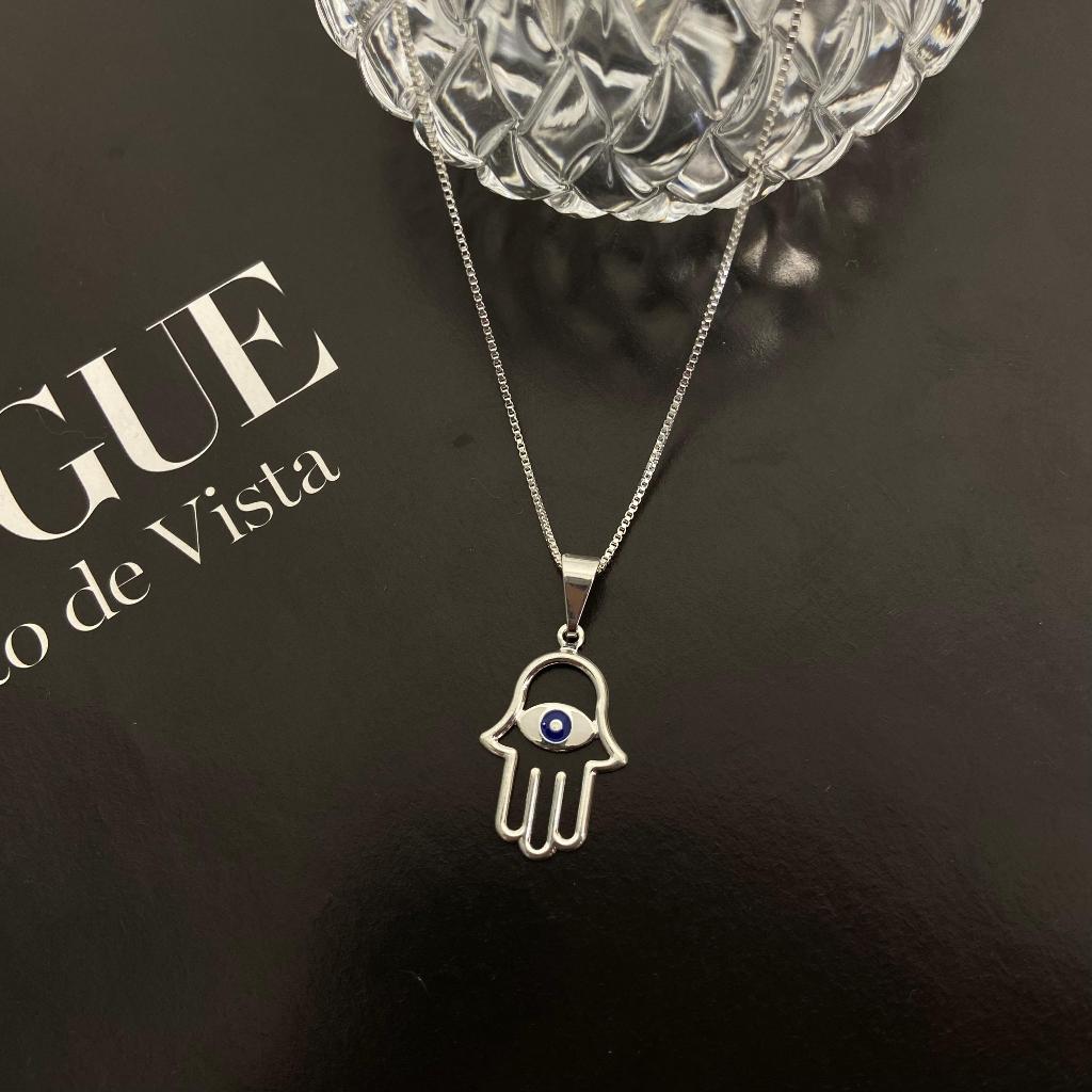 Colar feminino Mão De Fatima Hamsa Olho Grego Prata 925 Folheado