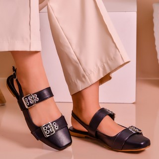 Sapatilha Slingback Feminina Bico Quadrado Com Fivela Rasteira Confortável Ajustável