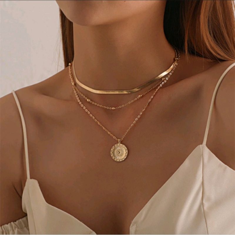 Colar Choker Corrente Lisa Feminina Flor Girassol Três Camadas Geométrico Luxo Promoção Barato