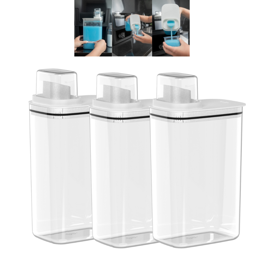 Kit 3 Dispensers Flow 2,3L Transparente Para Lavanderia Com Copo Medidor - OU