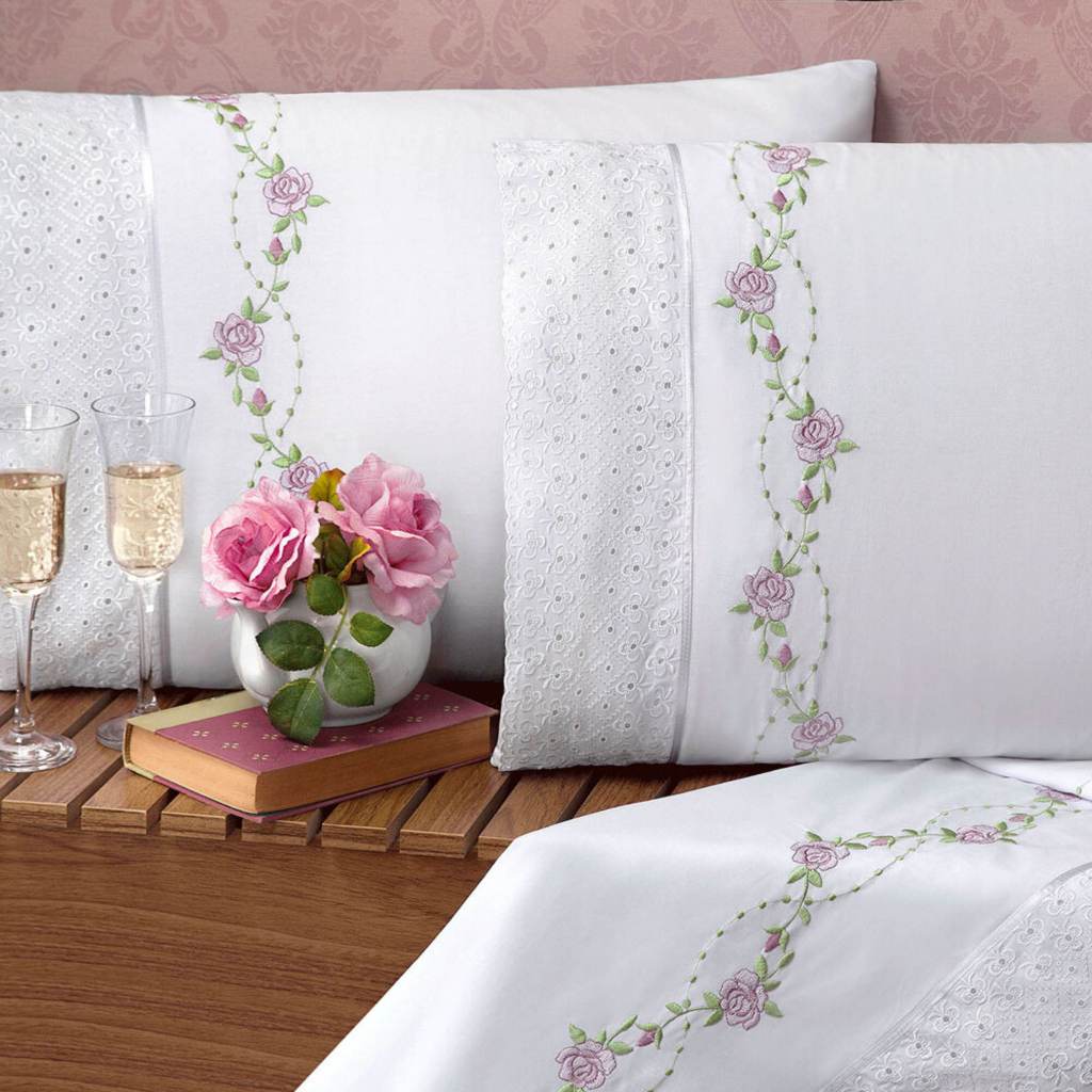 Jogo de Cama Queen 100% Algodão 180 Fios Lençol com Vira Bordada 04 Peças Branco Bouquet