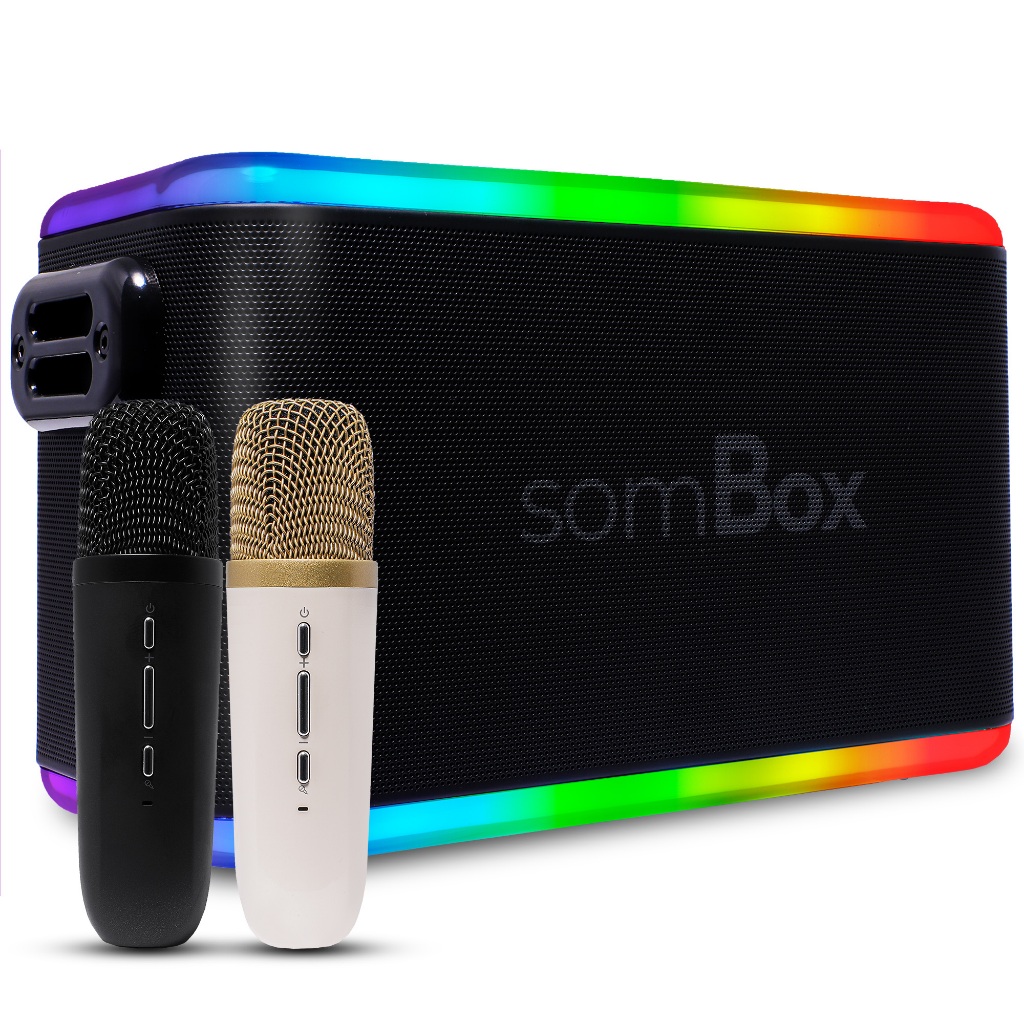 Caixa De Som Amplificada Bluetooth Karaokê RGB TWS Acústica 360° Microfone Duplo P2 P10 Sd Usb Tipo-C Aprova D'Agua