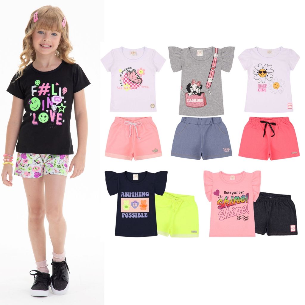 Roupa Infantil - Kit Sortido 10 Peças de Roupas Infantil/juvenil Menina- 5 Camisetas + 5 Bermudas