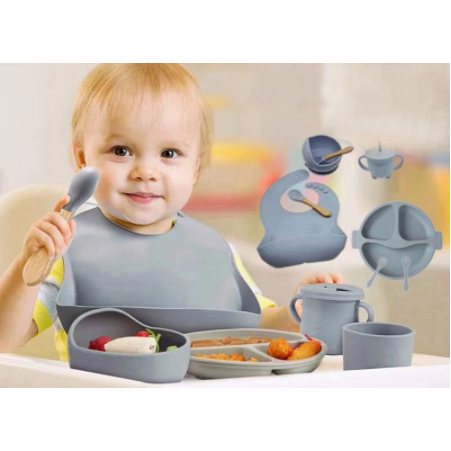 Conjunto de utensílios de mesa para crianças, suplemento alimentar para bebês, treinamento de alimentação, talheres de silicone, conjunto de 8 peças/conjunto de 6 peças, tigela de sucção para bebê, suprimentos para mãe e