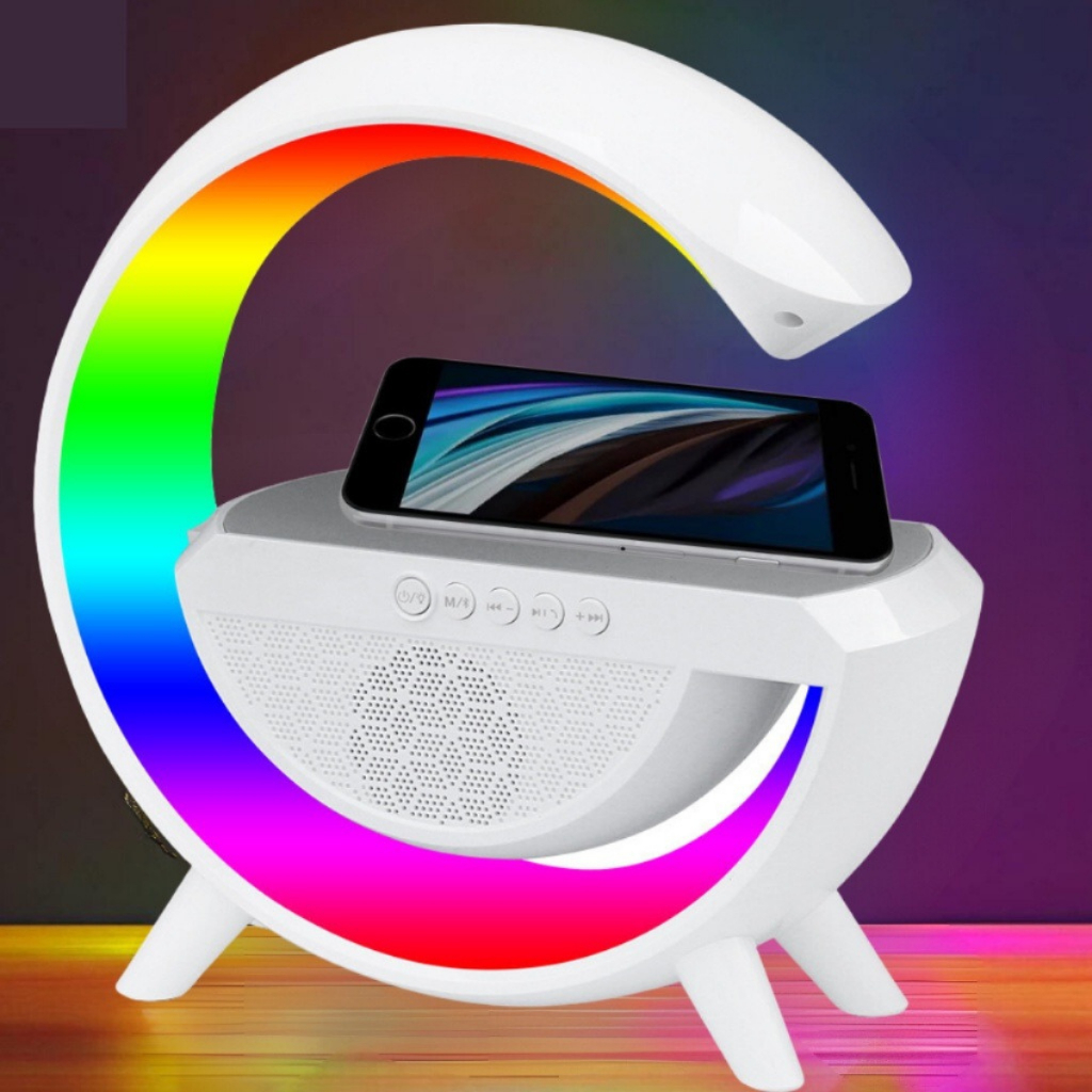Luminária Rgb Caixa Som G Speaker Carregador Indução Relógio e S/ Relógio
