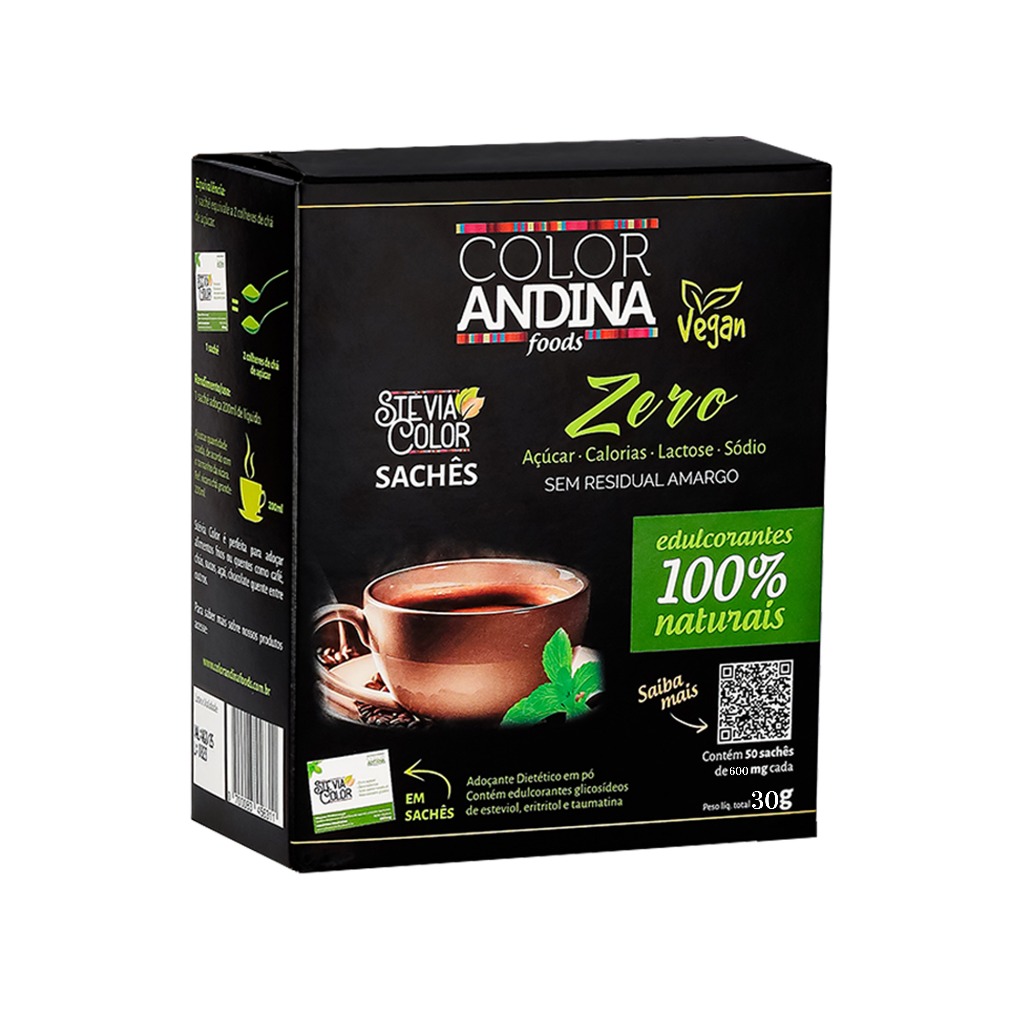 Adoçante dietético em pó Color Andina | display com 50 sachês de 600 mg | SEM SABOR RESIDUAL AMARGO