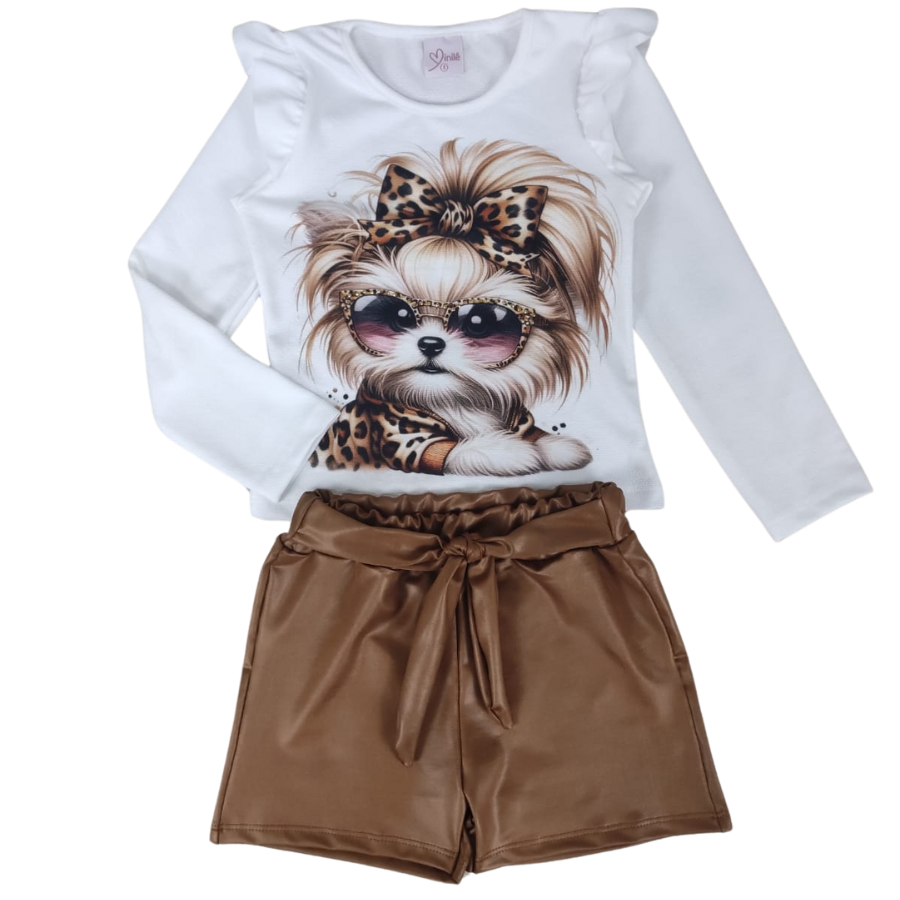 Conjunto Infantil Roupa Menina Meia Estação Cachorinho com Pedras de Strass em Oferta na Shopee