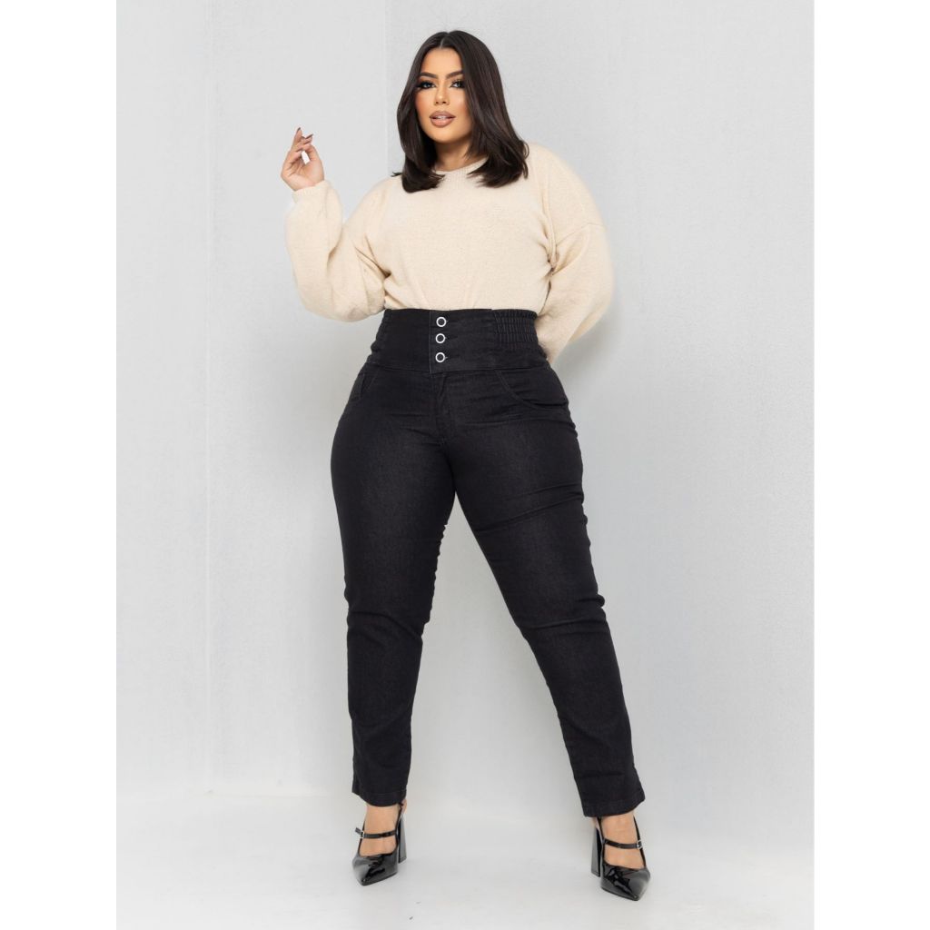 Calça jeans elástica plus size feminina cós muito alto modeladora com lycra elastano top de linha em Oferta na Shopee