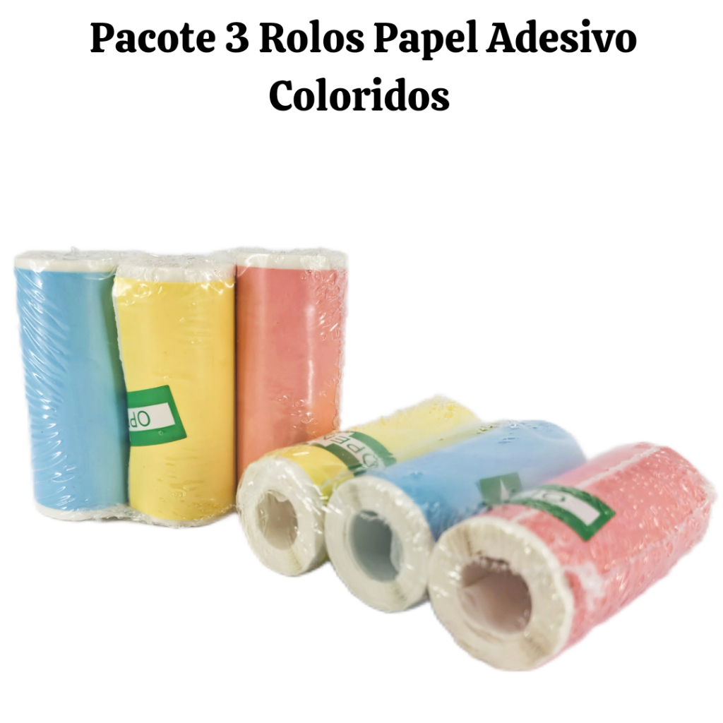 Kit 3 Rolos Papel Termico Adesiva Colorida 57MM Para Mini Impressora Bluetooth