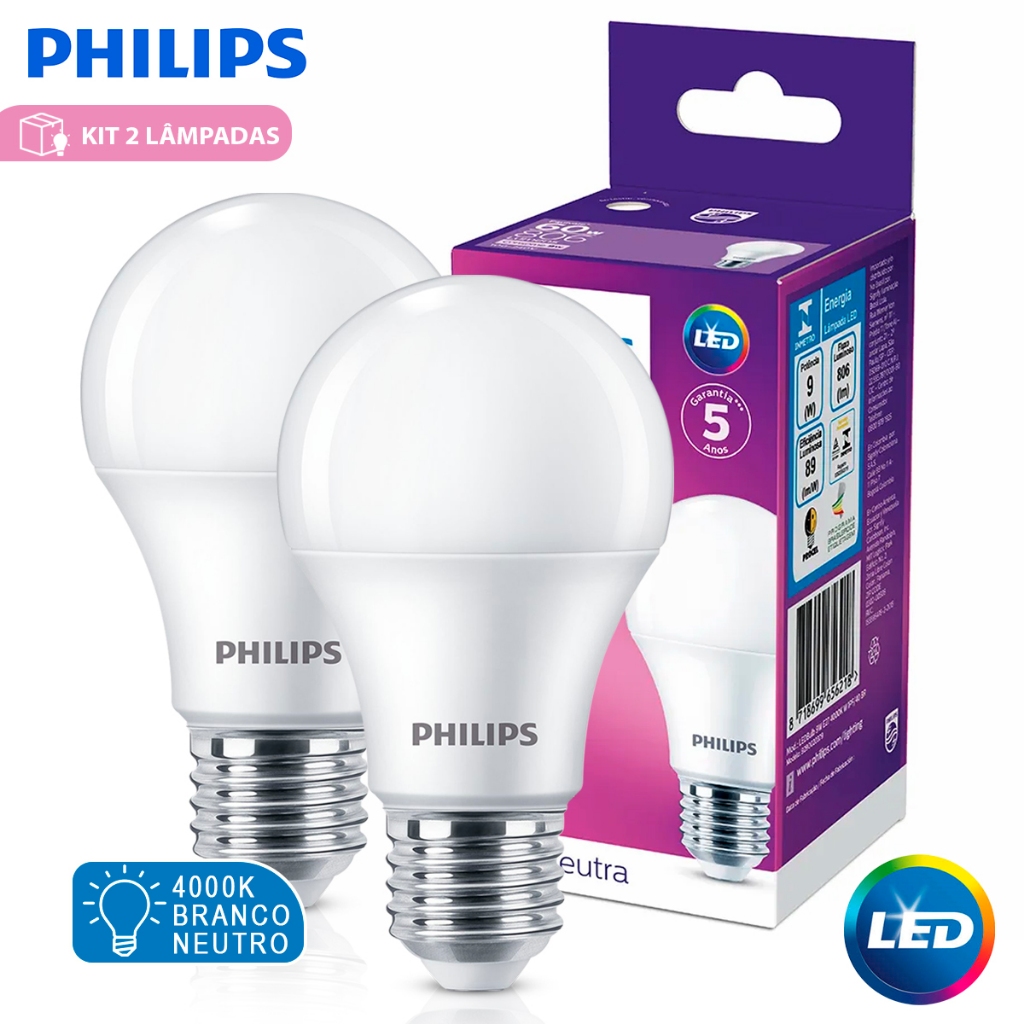 Kit 2 Lâmpadas LED Philips A55 9W 4000K Bivolt |  Luz Branca Neutra para Uso Residencial e Comercial em Oferta na Shopee