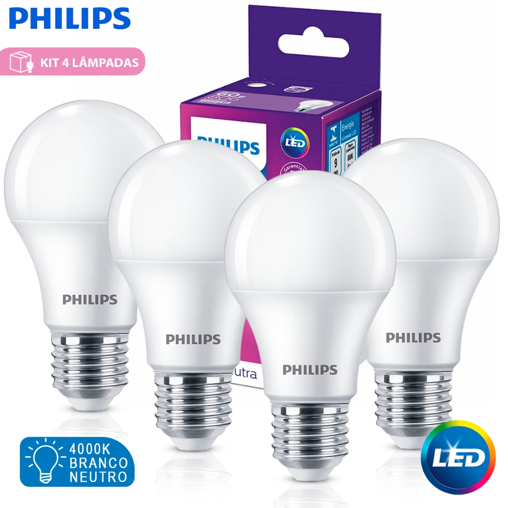 Kit 4 Lâmpadas LED Philips A55 9W 4000K E27 Bivolt – Econômica para Casa e Comércio em Oferta na Shopee