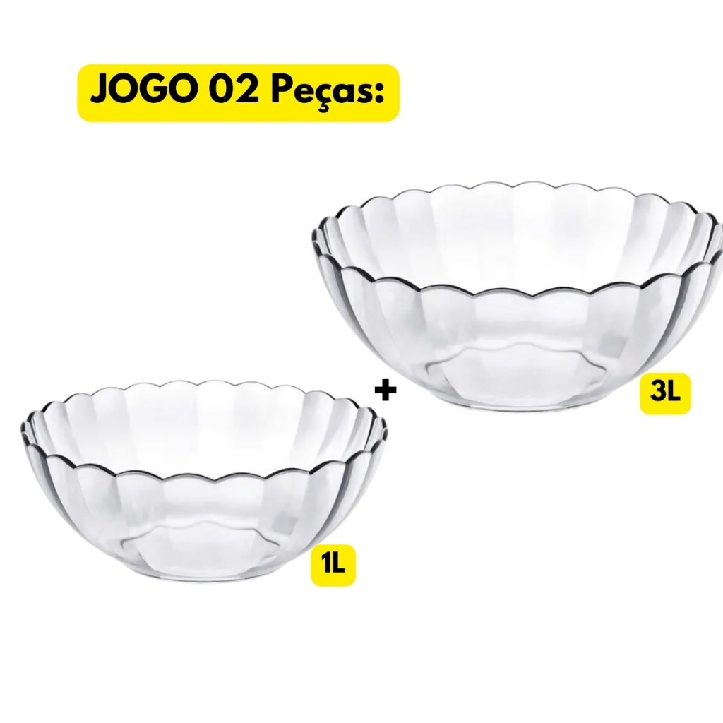 Jogo Kit 02 Peças Tigela Para Preparo Bella Vidro Marinex 1L+3L Saladeira Cumbuca Redonda Sobremesas
