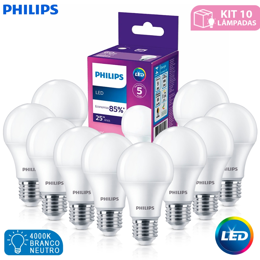 Imagem Kit 10 Philips Lâmpada LED Bulbo A55 9W E27 Bivolt 4000K | Luz Neutra Ideal para Ambientes Internos