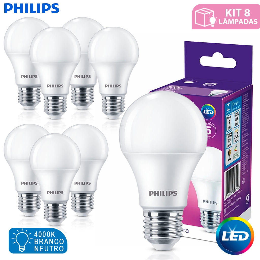 Kit 8 Lâmpadas LED Philips A55 9W 4000K Bivolt | Luz Branca Neutra para Uso Residencial e Comercial em Oferta na Shopee