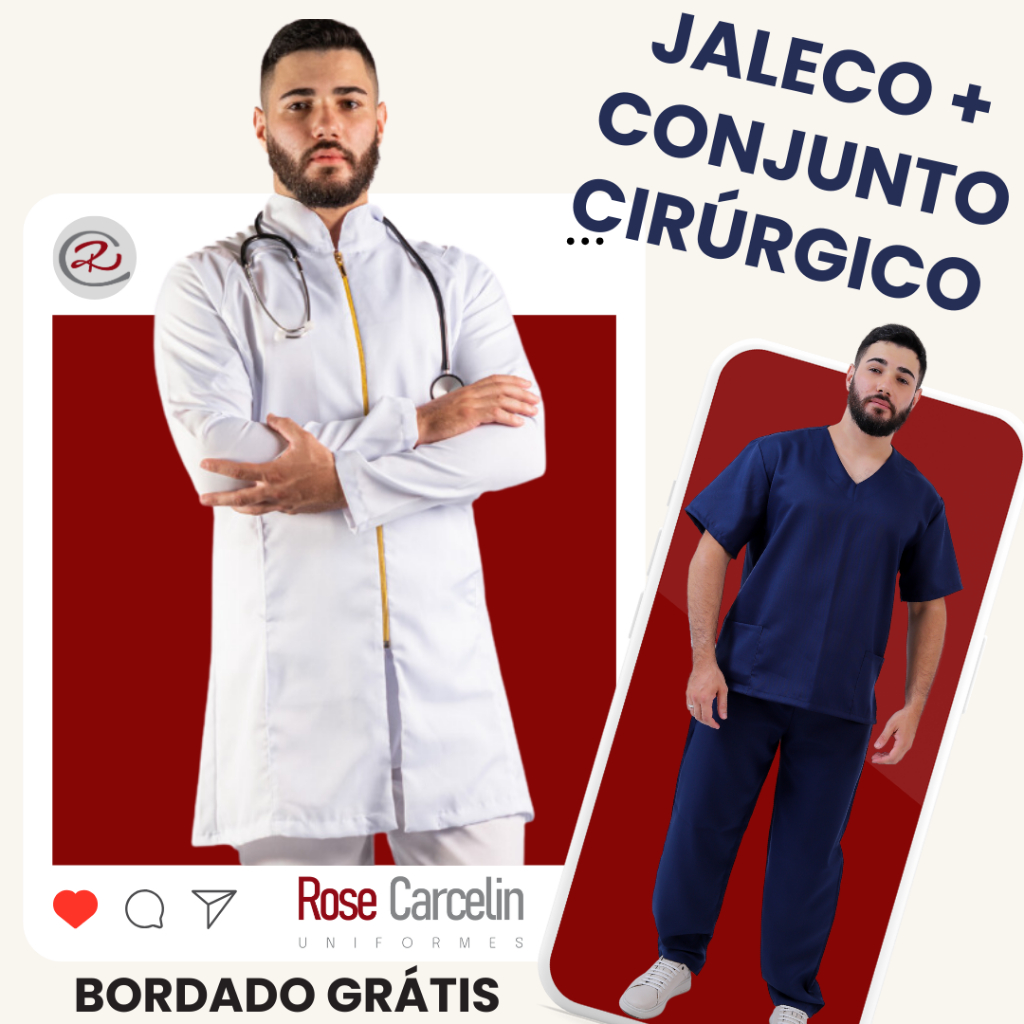 Kit Conjunto Hospitalar Pijama Cirúrgico Jaleco Acinturado Masculino BORDADO GRATIS