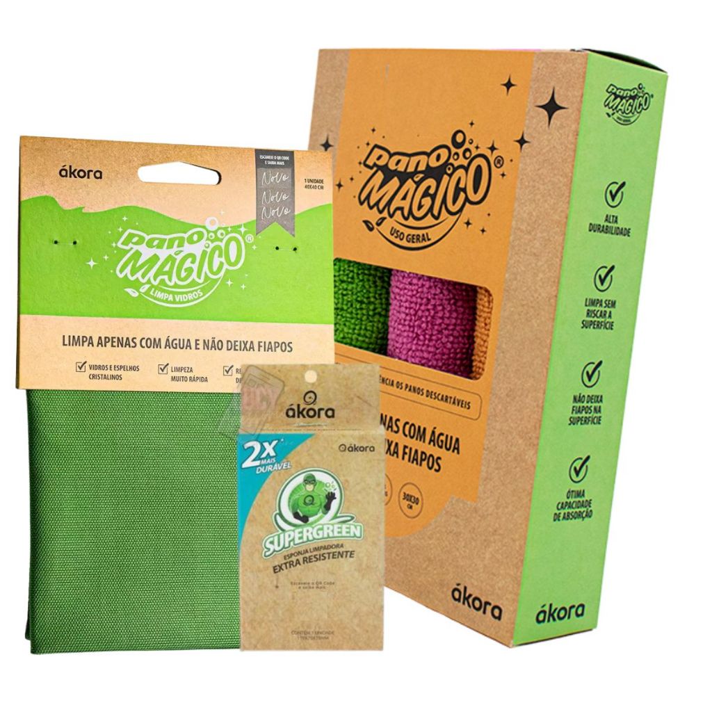 Pano Mágico Limpa Vidros 40x40cm Kit 3 Pano Mágico Uso Geral 30x30 1 Supergreen Esponja Limpadora