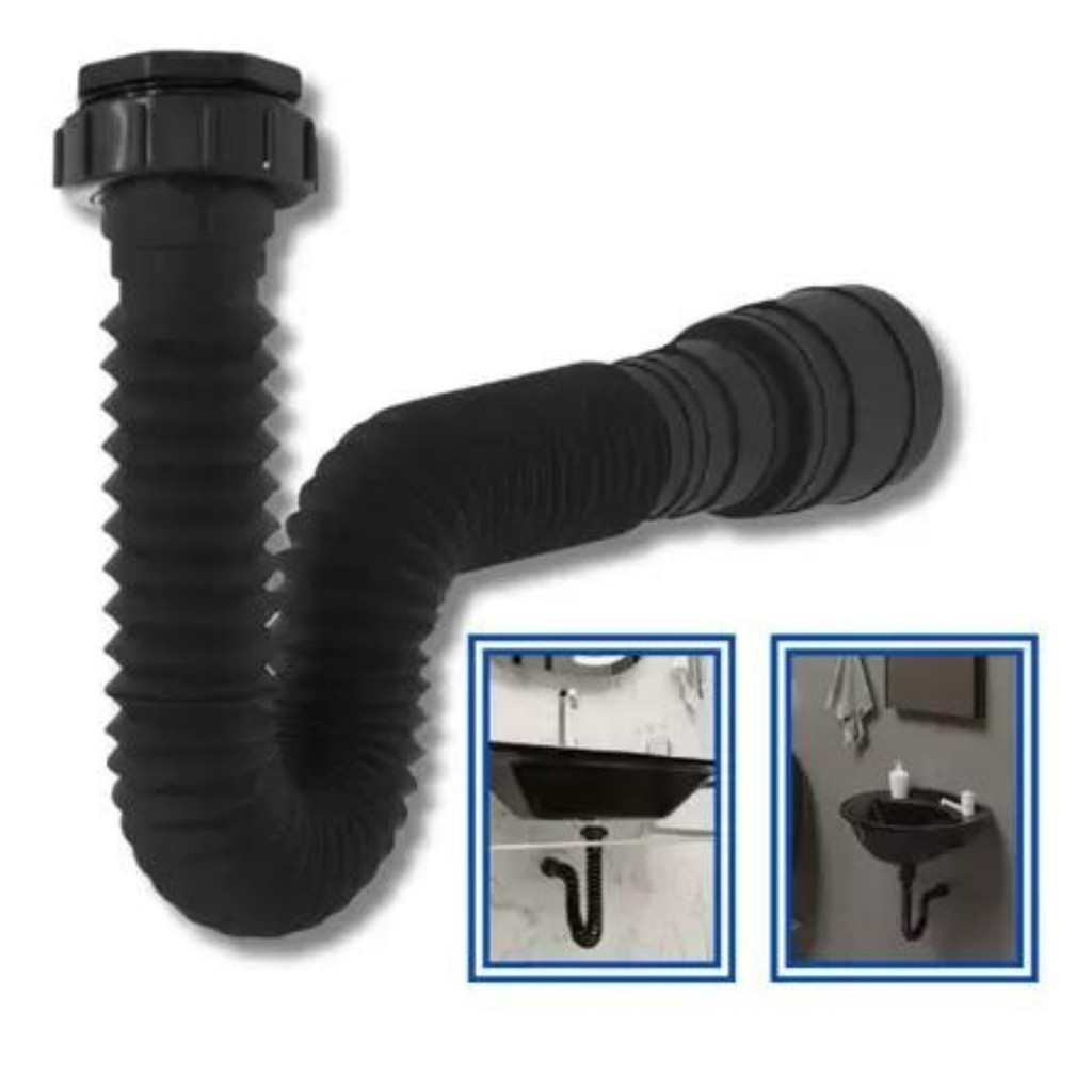 Kit 02 Sifão Flexível Sanfonado Ajustável Pia Cozinha Tanque PRETO