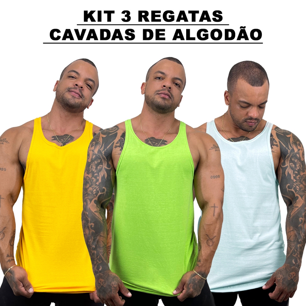Kit 3 Regatas Masculina Cavadas Amarelo + Verde Neon + Cores Nadador 100% Algodão Básica - Bombey