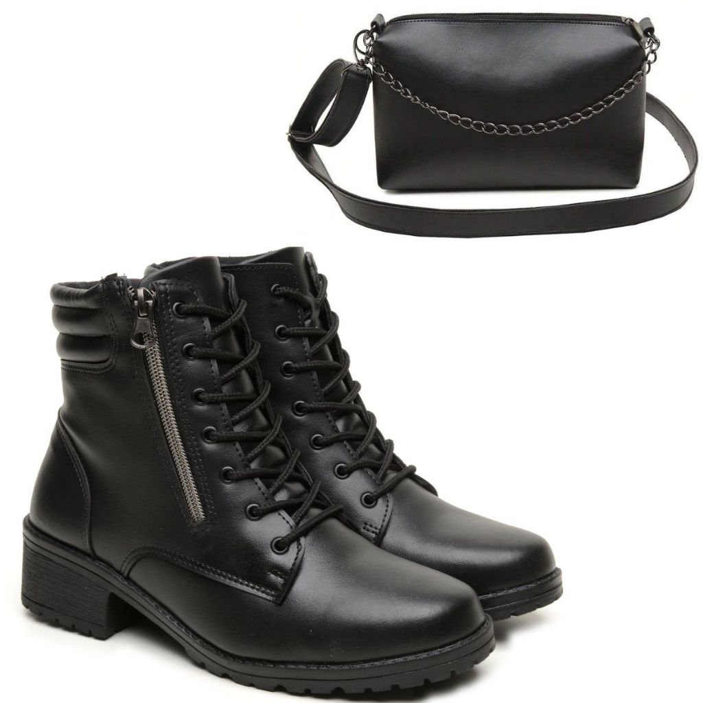 Coturno Feminino Salto Baixo Casual Confortável Leve + Bolsa De Ombro Com Corrente