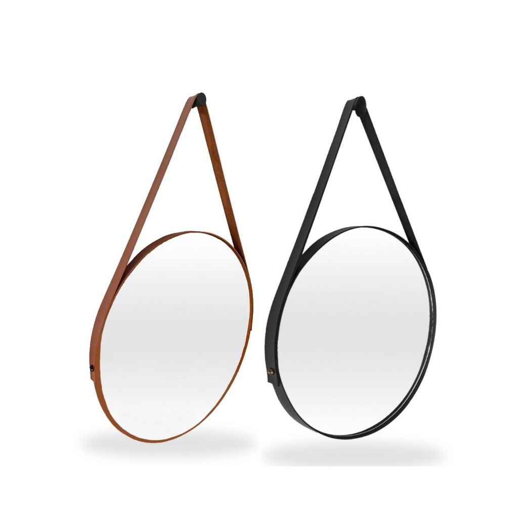 2 Espelhos Redondo Adnete 60cm com Alça em Couro +Suporte + Pendurador Quarto Banheiro Sala Hall em Oferta na Shopee
