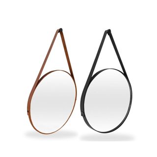 2 Espelhos Redondo Adnete 60cm com Alça em Couro +Suporte + Pendurador Quarto Banheiro Sal...