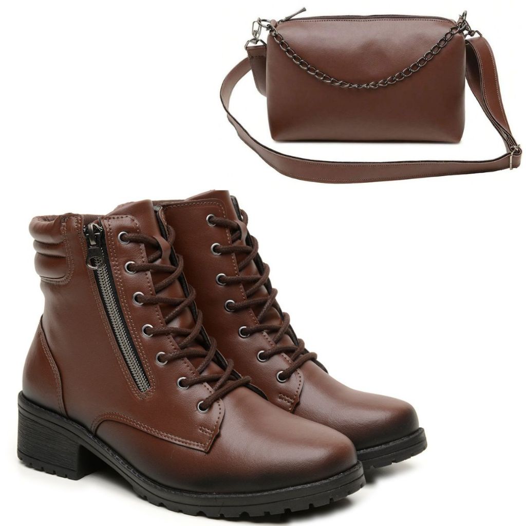 Coturno Feminino Salto baixo Casual Confortável Leve + Bolsa Feminina de Ombro Presente Mulher