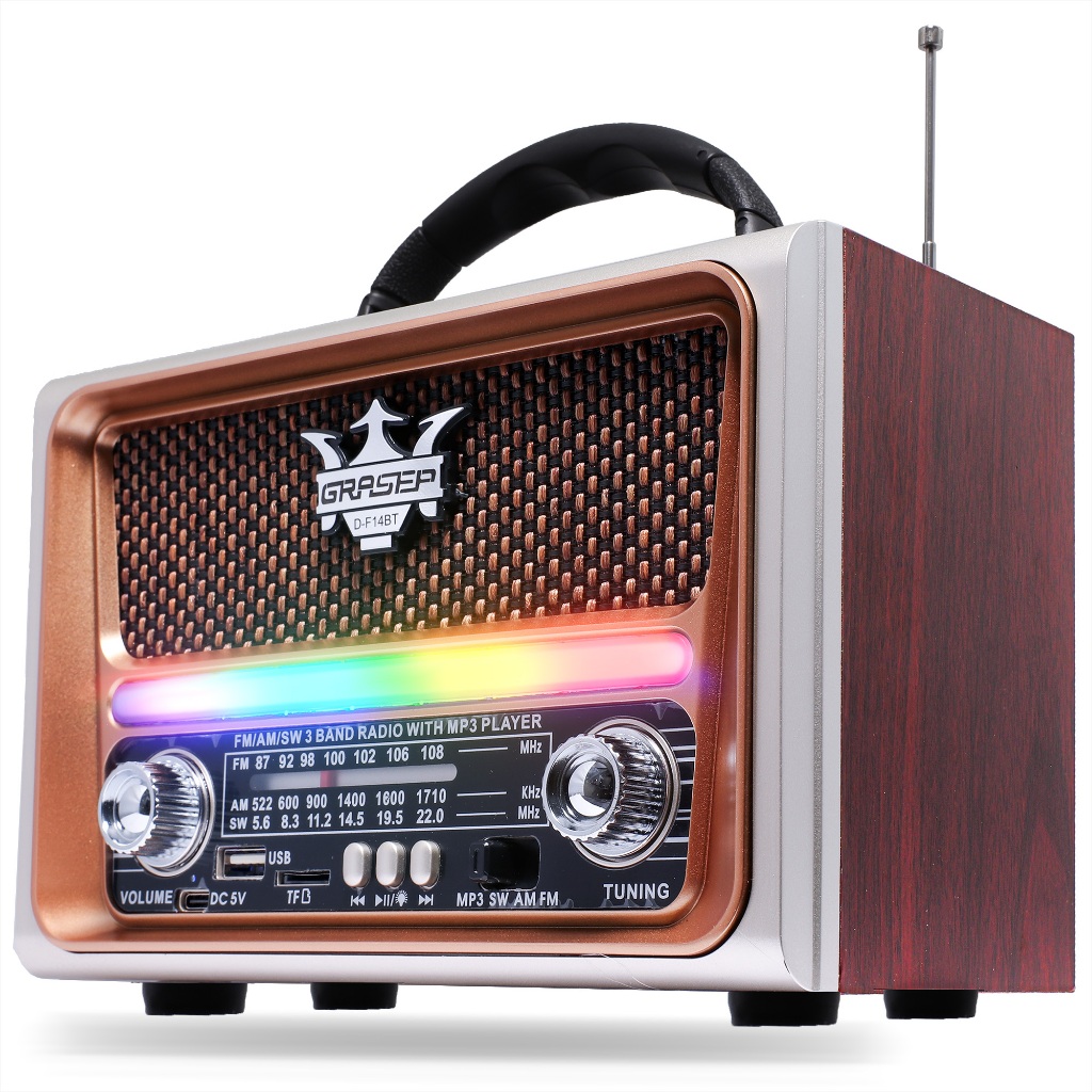 Rádio Portátil Retro Bluetooth RGB USB Pen Drive Cartão SD Com Alça AM FM SW Antena Analógica