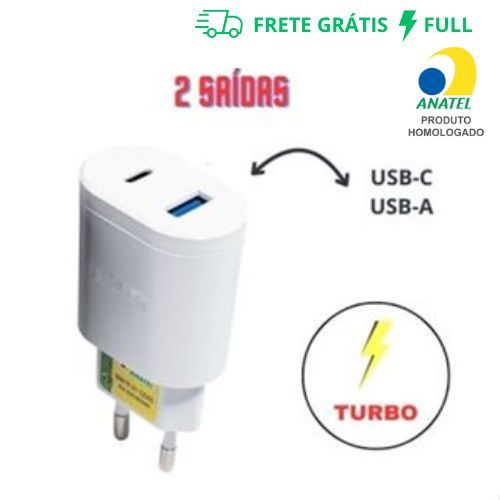 FONTE CARREGADOR TURBO BRANCO 2 SAIDA USB E TYPE-C 5.1A