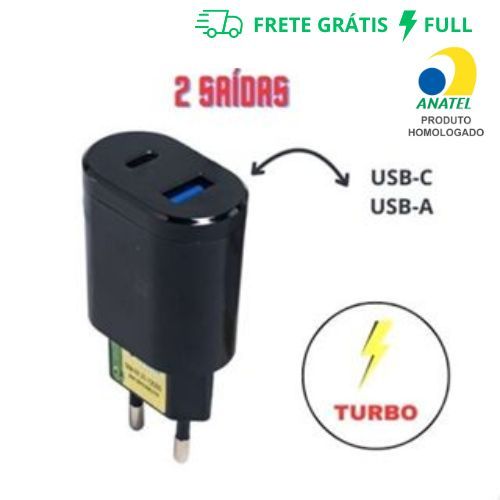 FONTE CARREGADOR TURBO PRETO 2 SAIDA USB E TYPE-C 5.1A