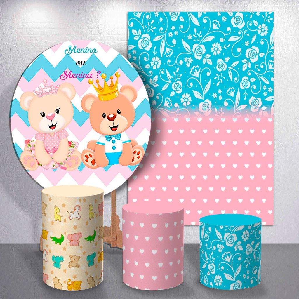 Capas Painéis Ursinhos Chá Revelação Menina Menino Painel Festa Sublimado Decorativo Cilindros Tema

