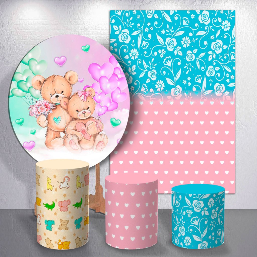 Painel Chá Revelação Ursinho Menino ou Menina Decoração Festa Trio Cilindro Redondo Retangular

