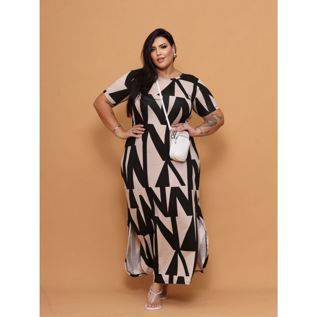 Vestido longo evangélico festa Plus size Curve Curvy Preto estampado