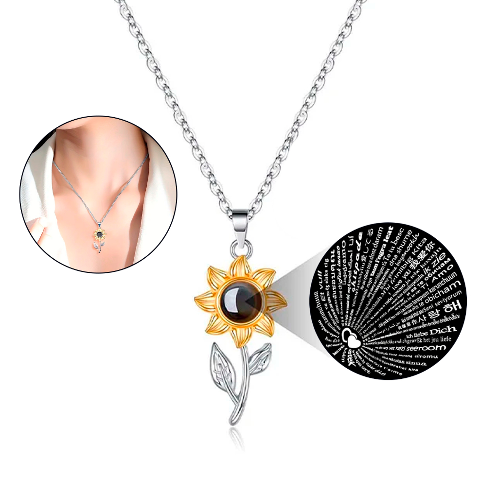 Imagem Colar Pingente Girassol Eu Te Amo 100 Idiomas Projeção Presente Namorada Natal Dia dos Namorados
