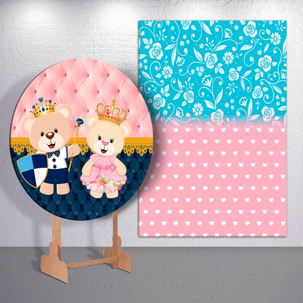 Painel Chá Revelação Ursinhos Rosa Azul Festa Decoração Trio Cilindro Redondo Retangular Sublimada

