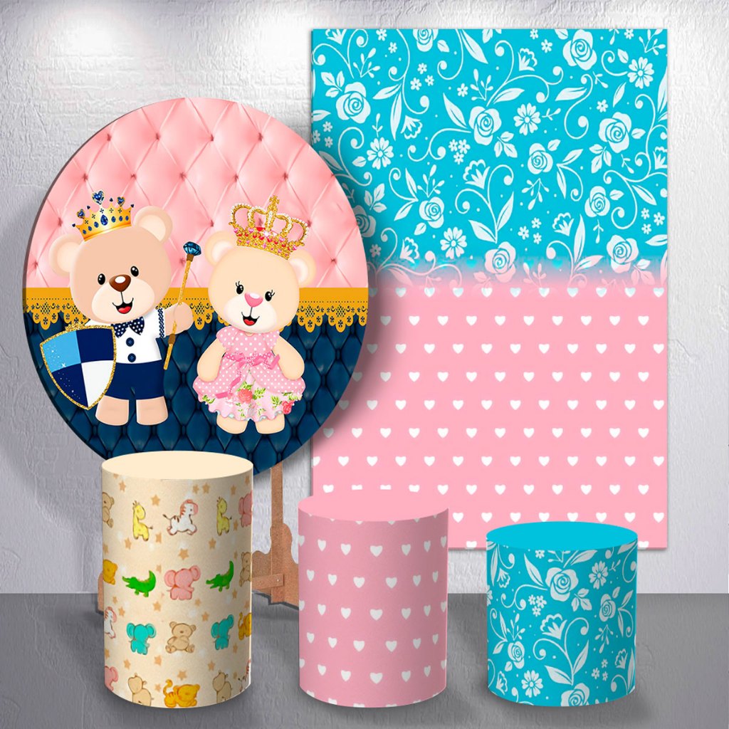 Painel de Festa Decoração Chá Revelação Ursinhos Rosa e Azul Capas Cilindros ou Painéis Sublimado