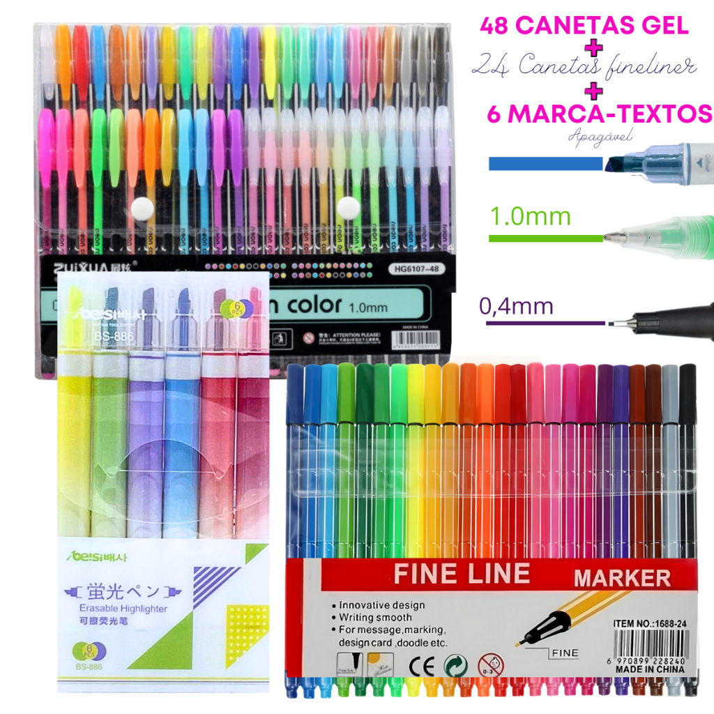 kit Papelaria 48 Canetas Colorgel + 24 Canetas Fineliner + 6 Marca-texto Apagável em Oferta na Shopee