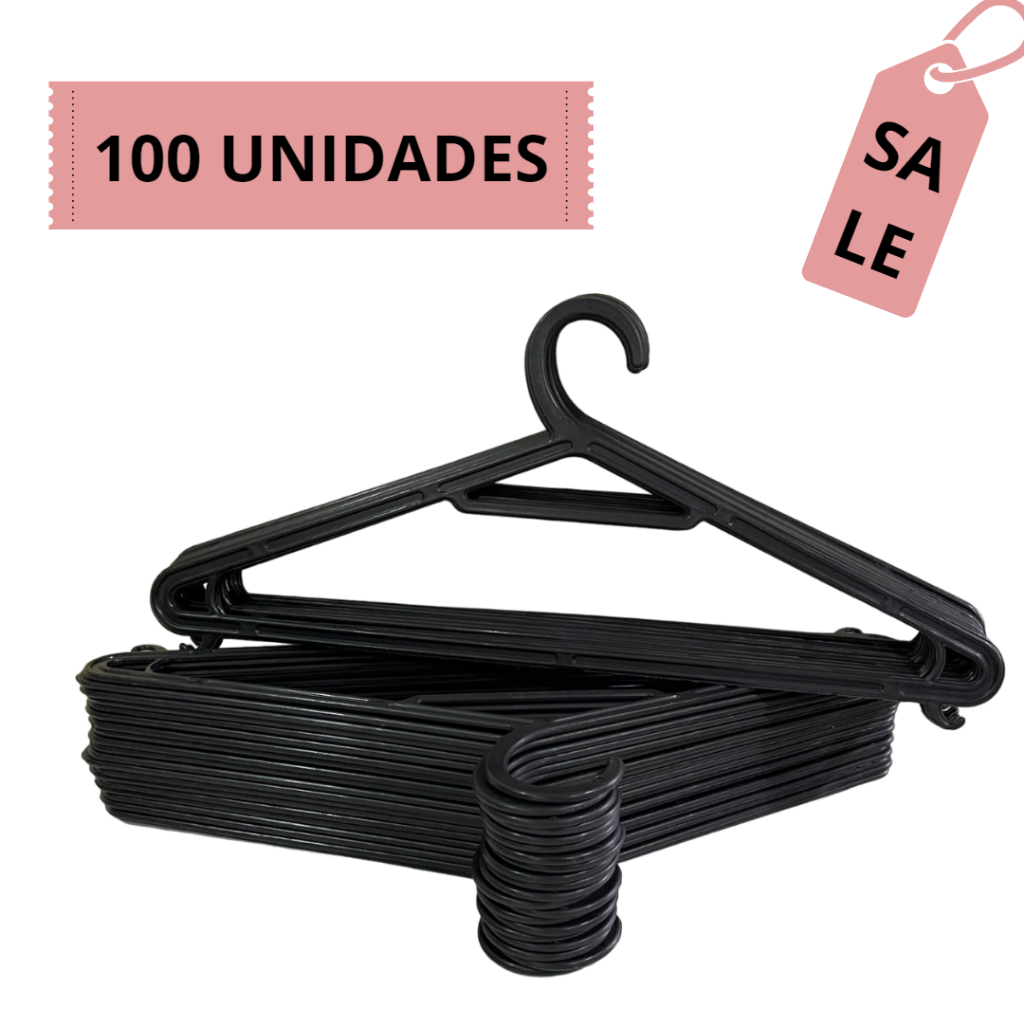 Kit 100 Cabides Organizador de Roupas Adulto Preto G002