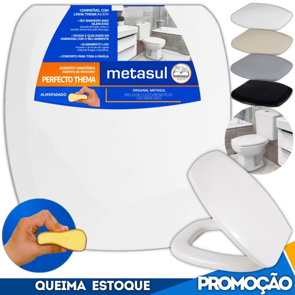 Metasul Assento Sanitário Almofadado Tampa Vaso Thema Incepa 1.6gpf/6lpf Onix Retangular Quadrado - Home & Living