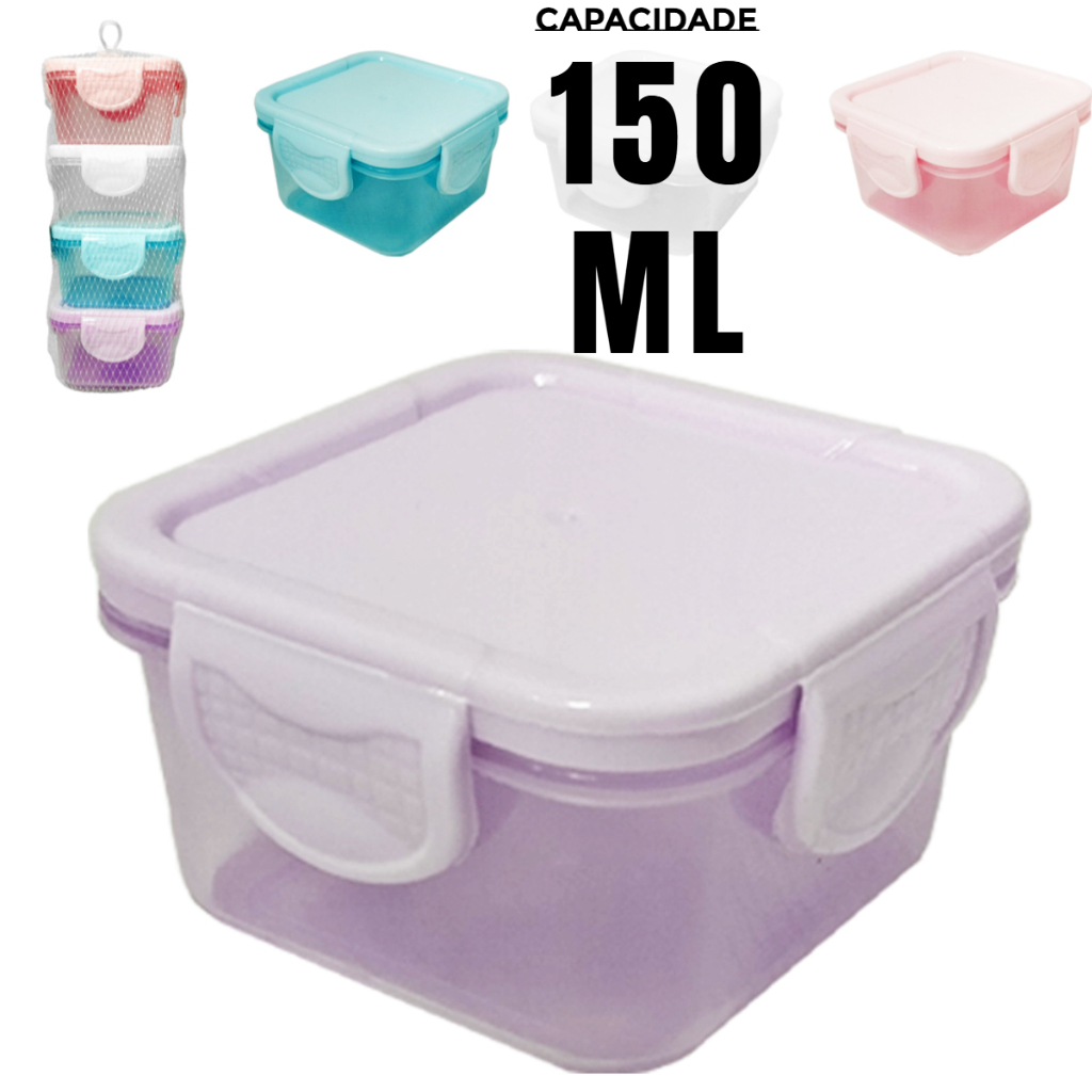 Conjunto com 4 Mini Potes Quadrado com tampa 150 ml Plástico Colorido, Recipientes de Comida do bebê