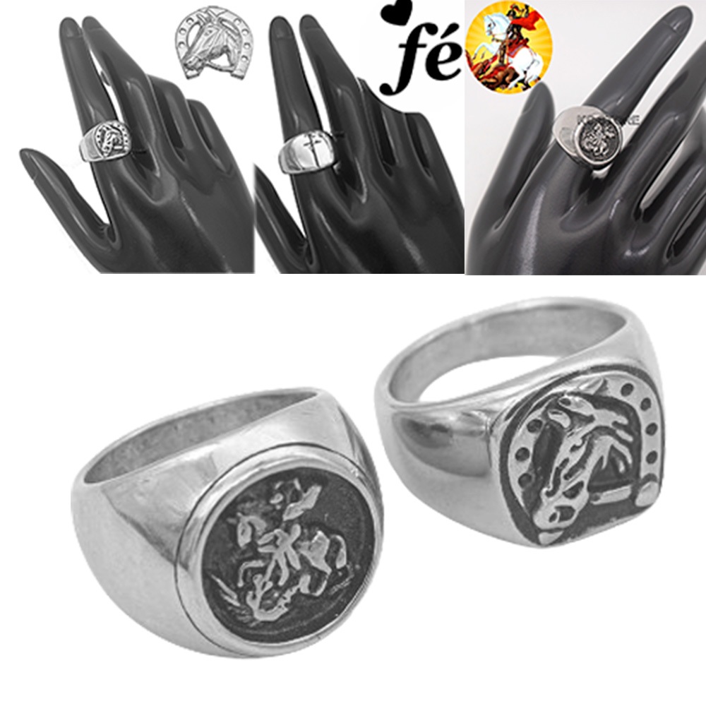 Anel Religioso Masculino São Jorge Ferradura cavalo Aliança de Aço Inox prata Maciço grosso redondo