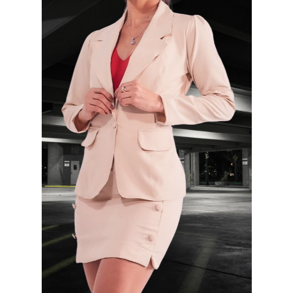 Conjunto Social Saia Cintura Alta e Max Blazer Tecido Alfaiataria Botões Uniforme Plus Size.