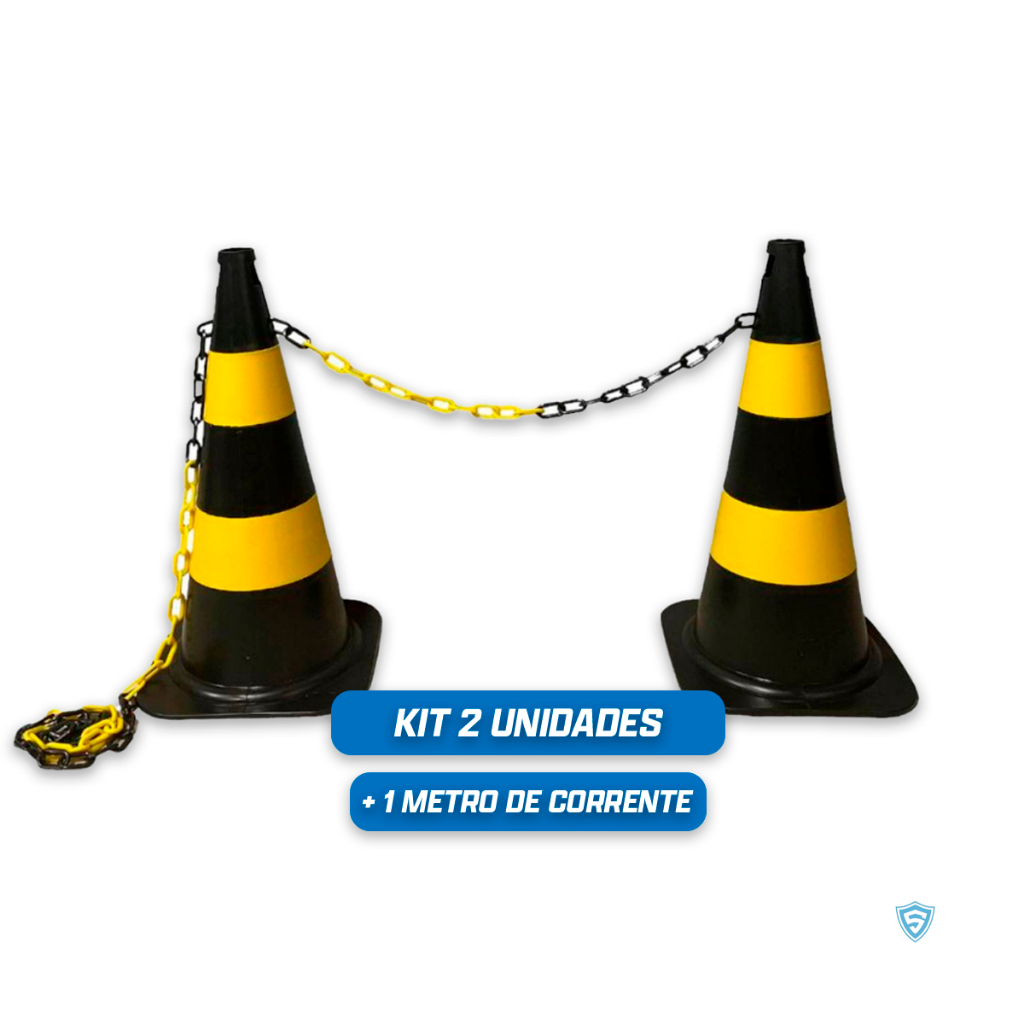2 Cones sinalização 50cm rigido preto/amarelo 1M de correntes pretas/amarela