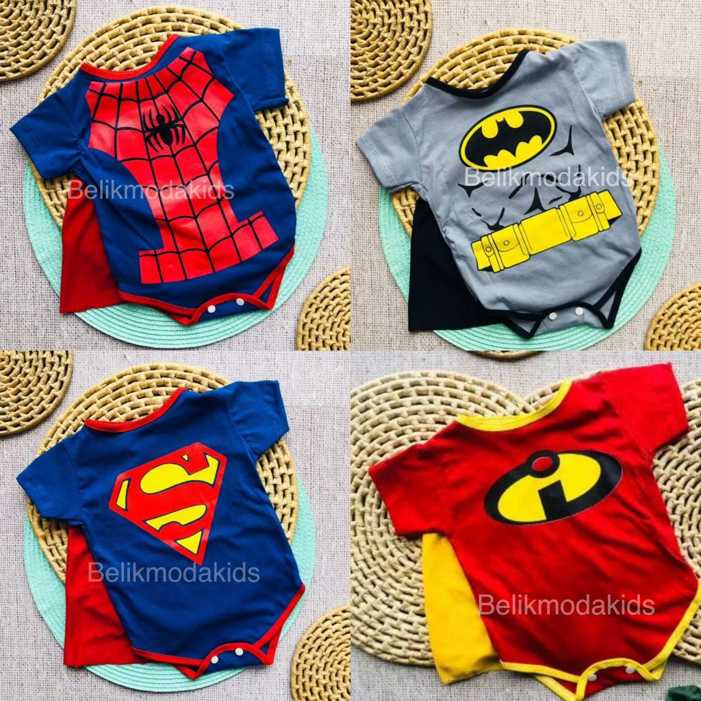 Body Infantil Temático Super Herói Com Capa Fixa Personagem Batman Homem Aranha Super Man Festa A Fantasia Mesversário