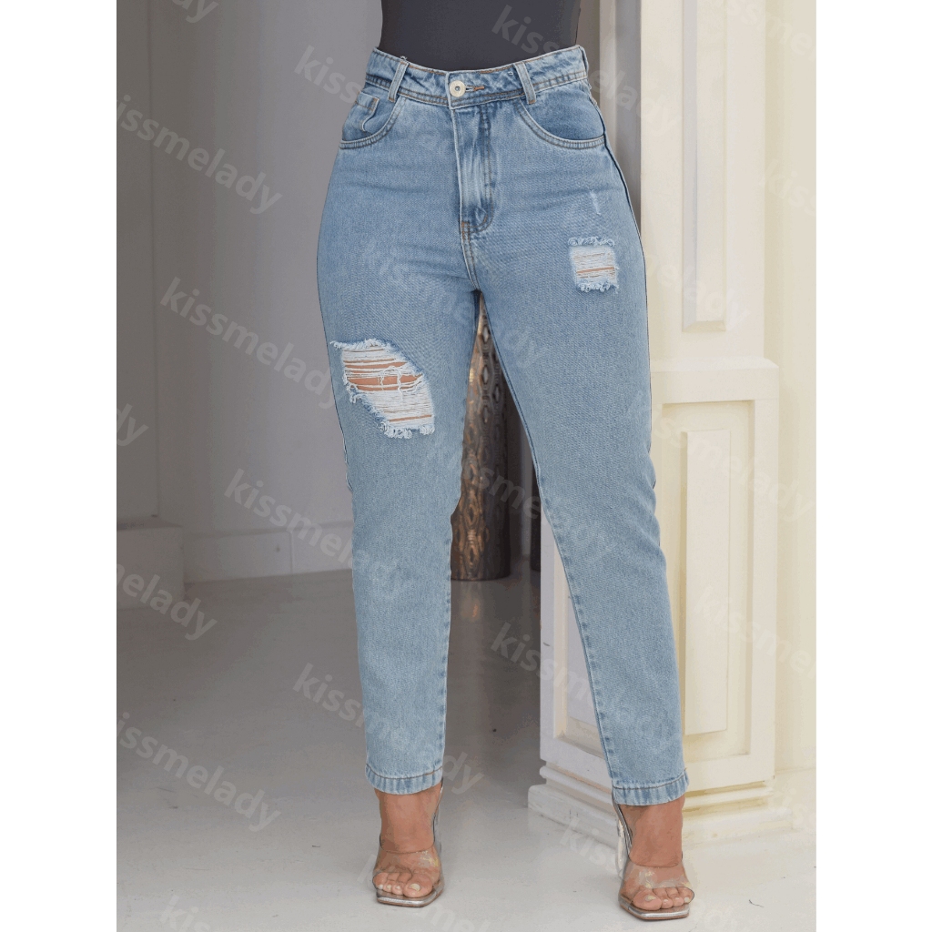 kissmelady 8193 Calça Jeans Feminina  Mom Calca  Jeans rasgados  8193